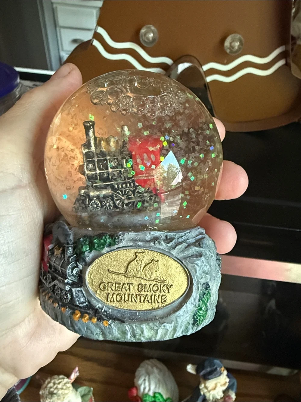 Mini Snow Globe Smokey Mountains Tn Train Holiday Decor - Red & Green Train